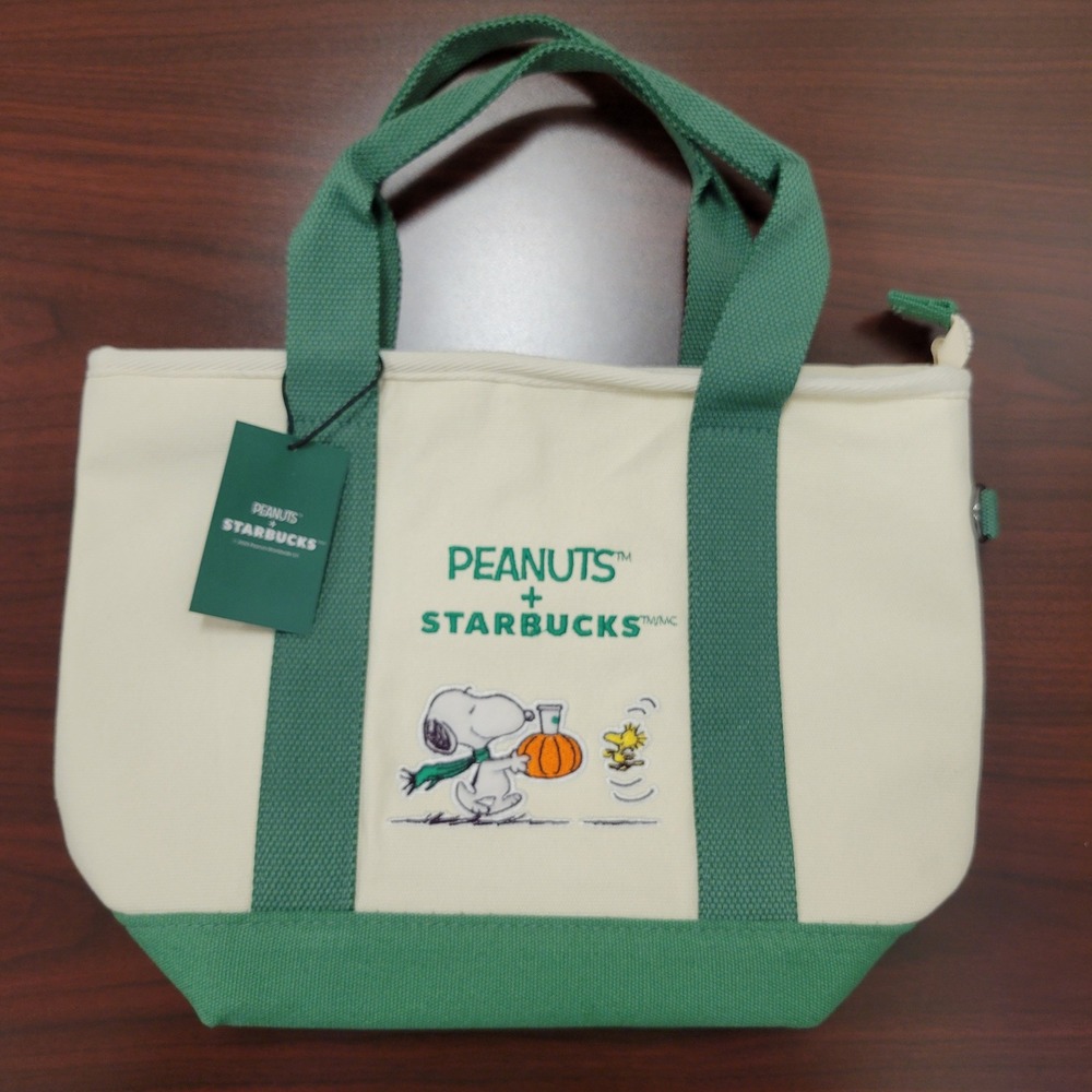 Starbucks Peanuts Mini Canvas Tote Bag Cream Green Snoopy Woodstock NEW in hand